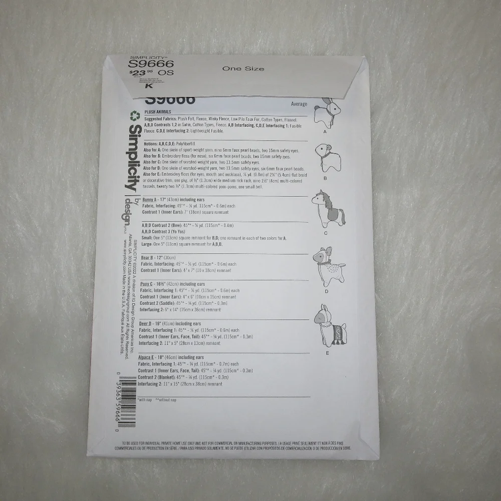 Simplicity 9666 Plush Animal Dolls Bunny Bear Pony Deer Alpaca